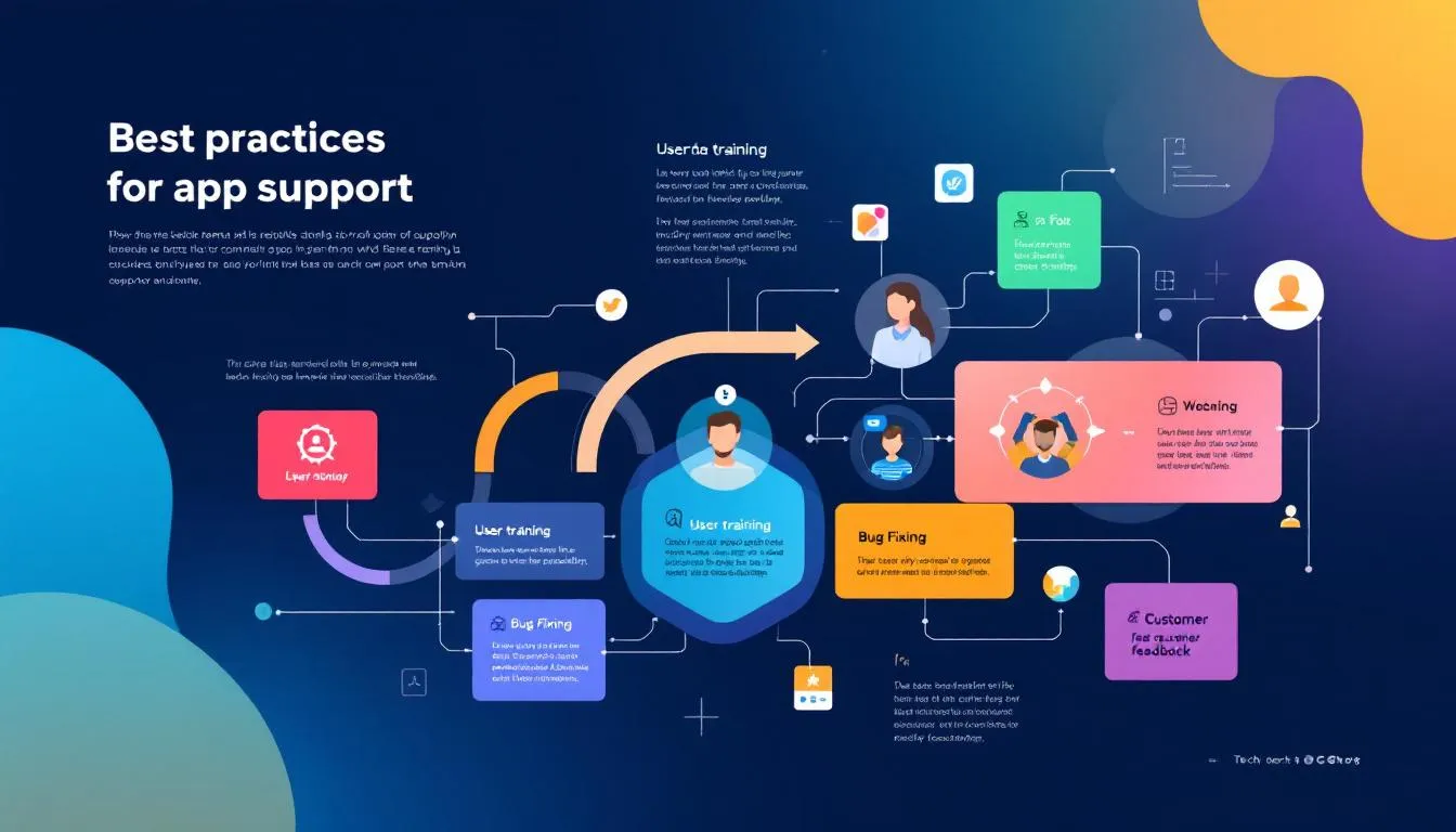 A diagram of best practices for app support, illustrating key elements like user training and bug fixing.
