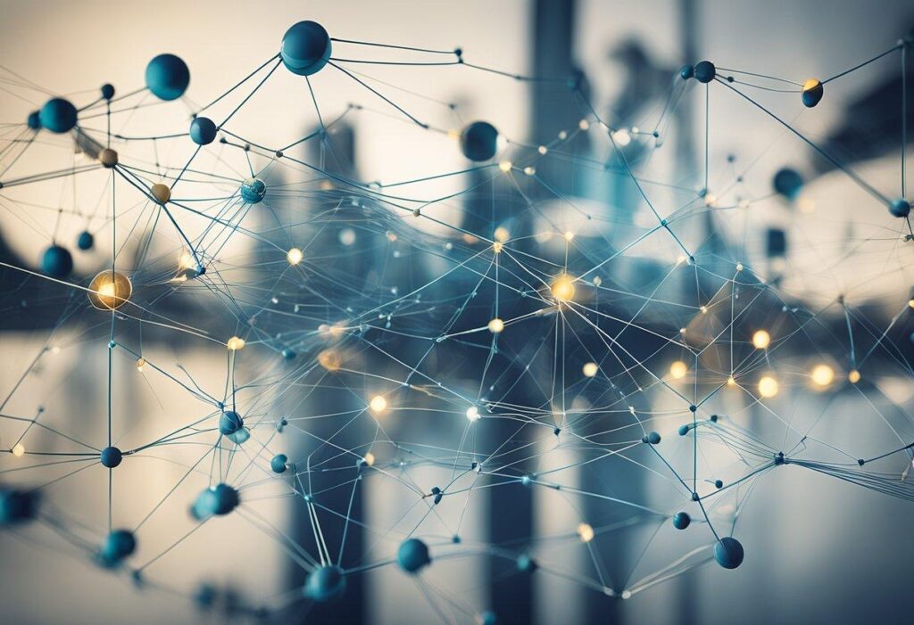 A network of interconnected nodes and lines representing data flow, overlaid with financial charts and graphs