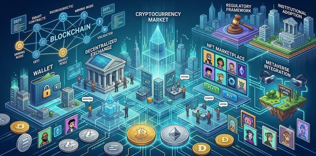 cryptocurrency ecosystem with blockchain, wallets, NFT marketplace