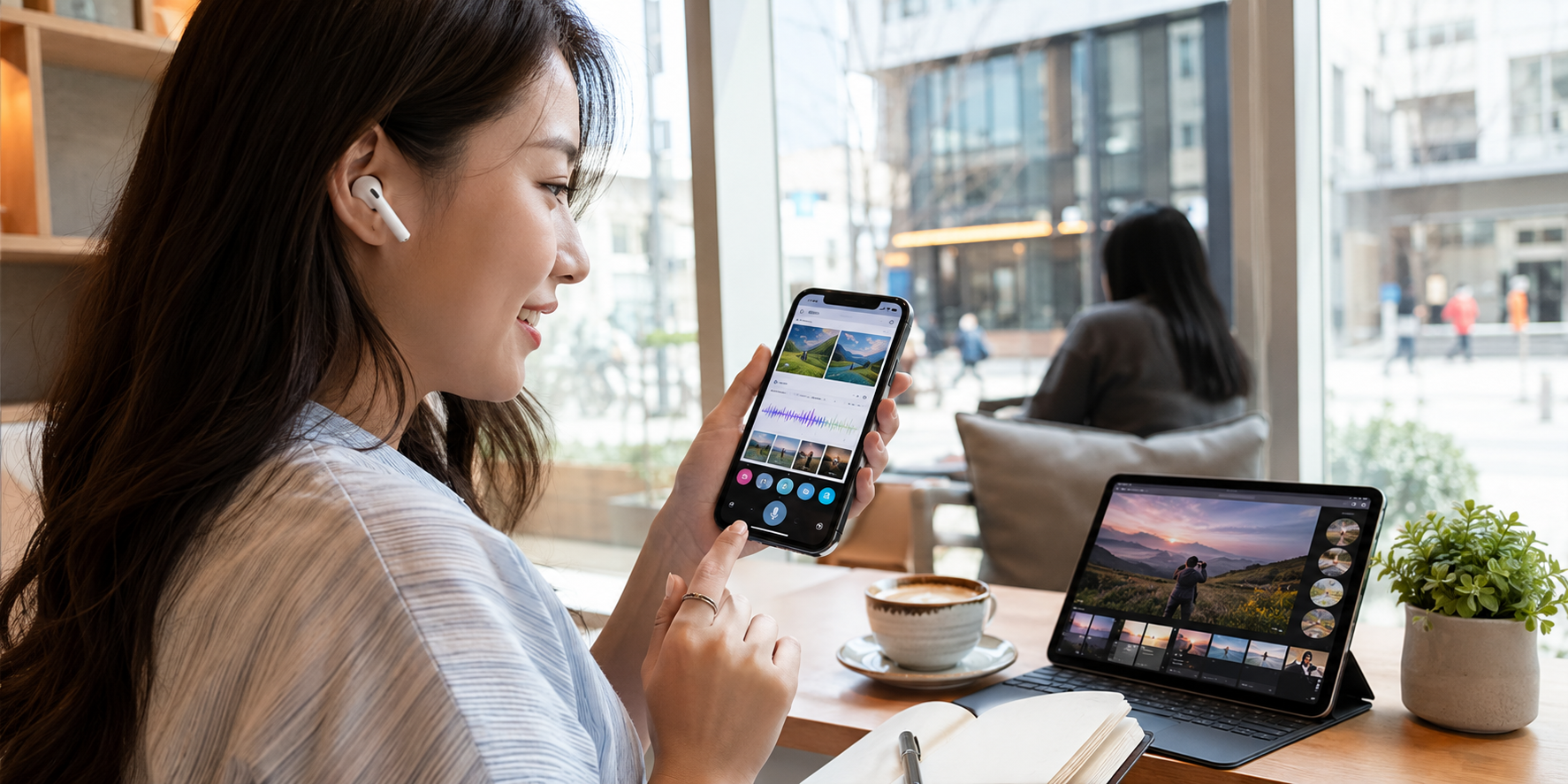 Woman uses a smartphone beside a tablet in a café
